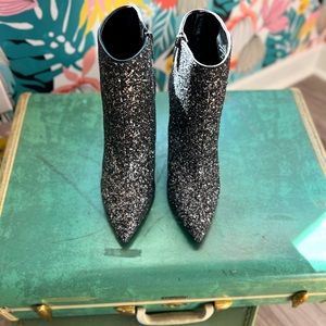 Nine West; Metallic, sparkle, pointy toe bootie